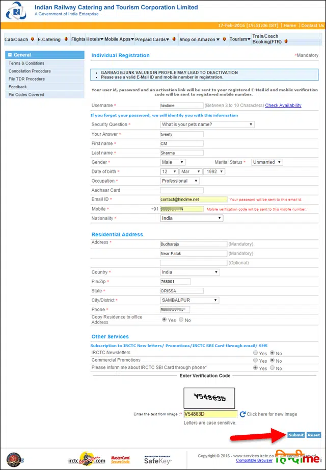 irctc registration form